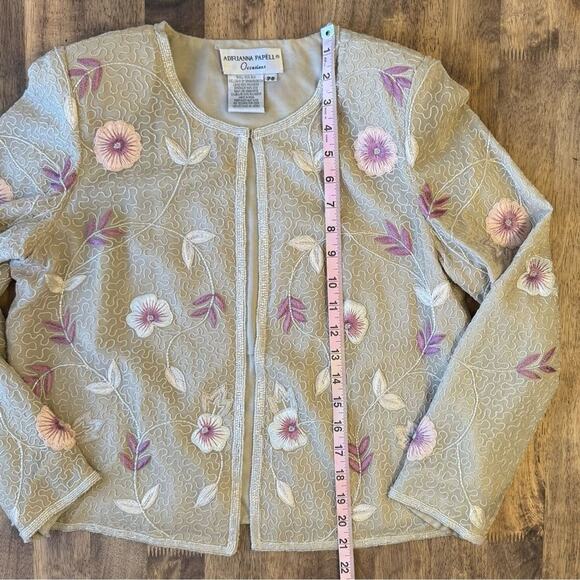 VTG Adrianna Papell Occasion Blazer Fully Beaded Floral Silk 80s Beige Petite 8P - Picture 6 of 11